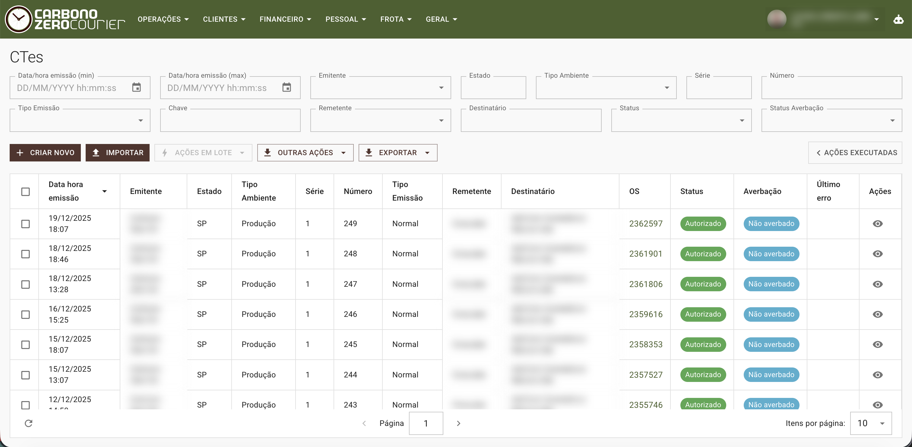 Painel de gestão de CT-es com filtros, status SEFAZ e ações em lote