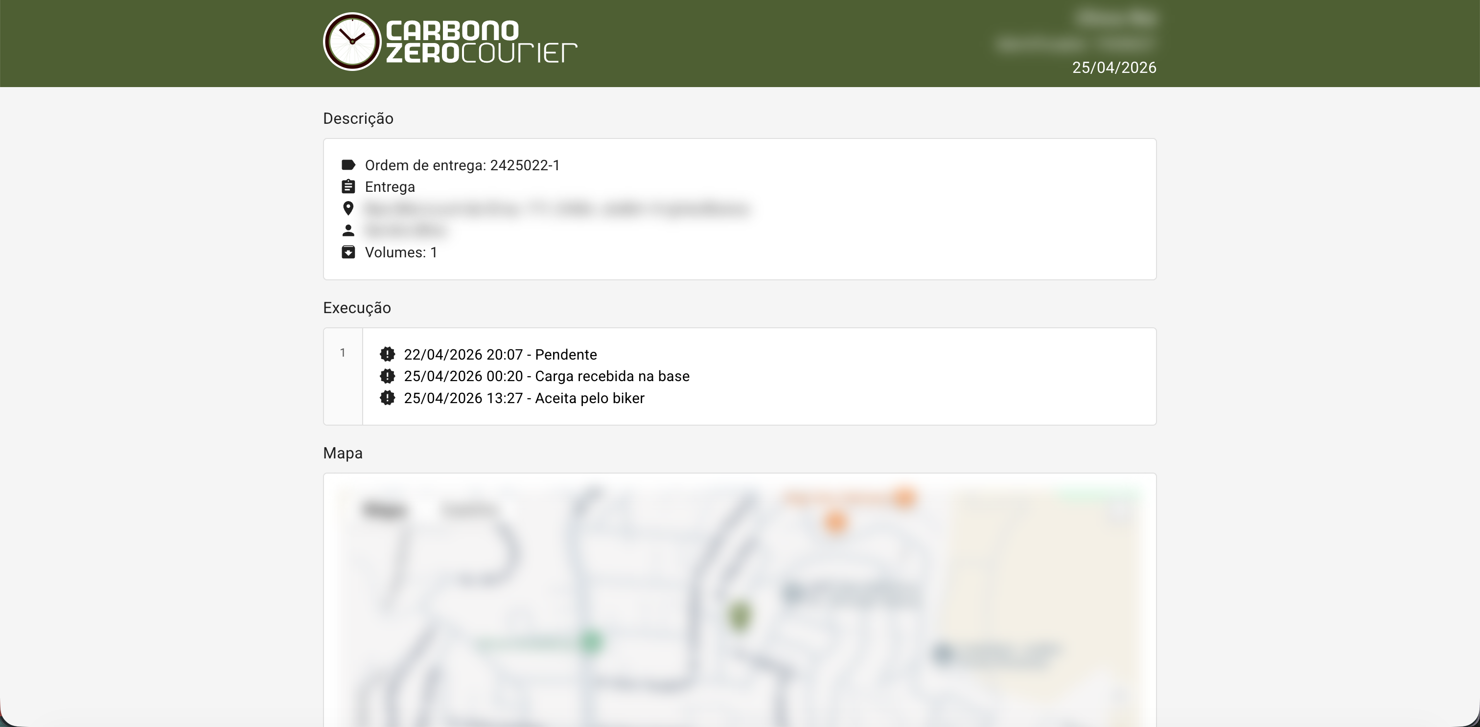 Página pública de rastreio com timeline de execução e mapa