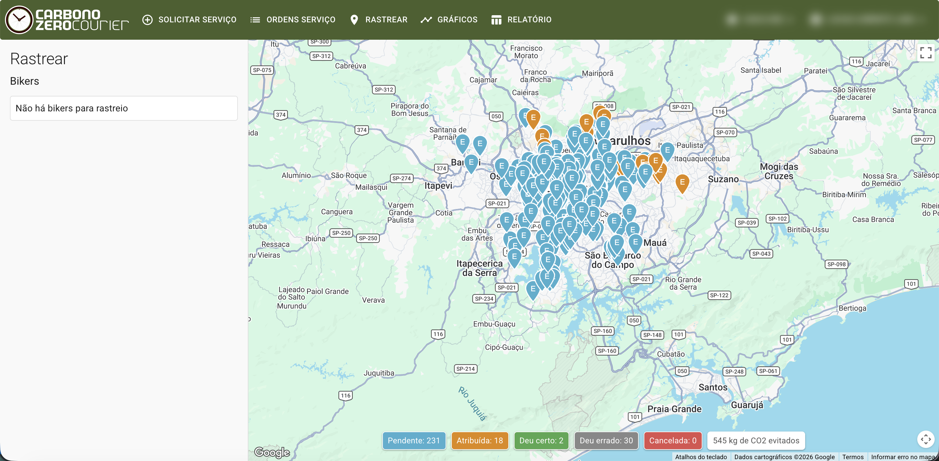 Rastreio das OS do tomador no mapa com contadores por situação